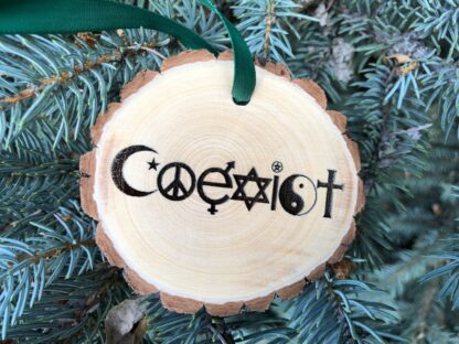 Coexist, Wooden Christmas Ornament, Bumper Sticker, World Peace, Wood Slice, Imagine This, Peace and Love, Religion, Free Personalization