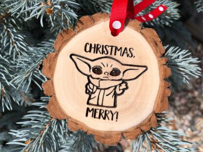 Baby Yoda Christmas Ornament, Star, Mandalorian, Wooden Slice Ornament, Wars, 2021, The Child, Christmas Merry, Free Personalization