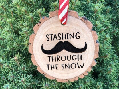 Wooden Christmas Ornament Stashing Through the Snow, Personalized Gift, Wood Slices, Mustache, Funny Christmas, Tom Seleck, Dashing