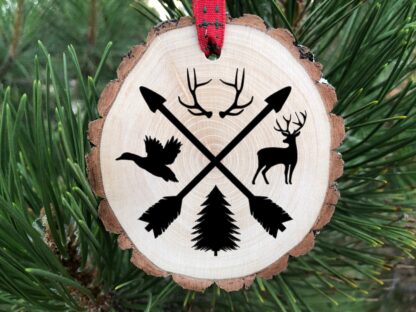Hunting Badge Ornament, Deer, Elk, Duck, Goose, Buck, Doe, Camp, Antlers, Laser Engraved, Hunter, Bowhunting, Rifle, Free Personalization