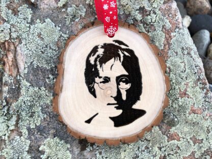 John Lennon Wooden Slice Christmas Ornament, Free Personalized Engraved Tribute for Beatles Fans, Imagine, War is Over, Happy Xmas, 60's Pop