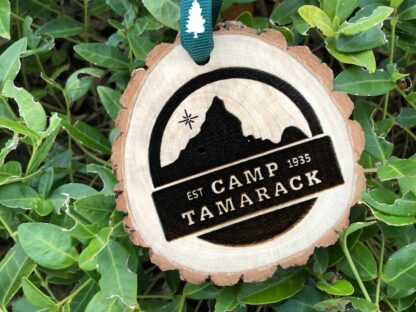 Camp Tamarack Live Edge Wooden Christmas Ornament, Sustainable Tree Slice, Handcrafted Forest, Summer Aspen Family Camp Sleepaway Camp, YMCA