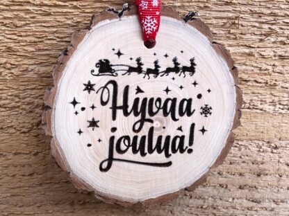 Hyvää joulua! Wooden Finnish Christmas Ornament, Hyvaa Joulua, Good Christmas, Scandinavian, Finland, Suomi, Land of the thousand lakes