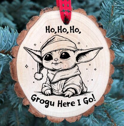 Baby Yoda Ho Ho Ho Grogu Here We Go, Wooden Slice Christmas Ornament, Star Wars, Mandalorian, Child, Christmas Merry, Free Personalization