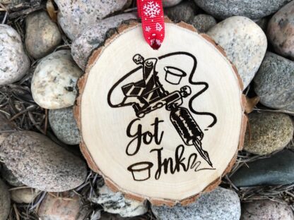 Got Ink Tattoo Themed Wooden Christmas Ornament, Tat, Peace Symbol, Airbrush, Wood Slice, Laser Engraved, Free Personalization